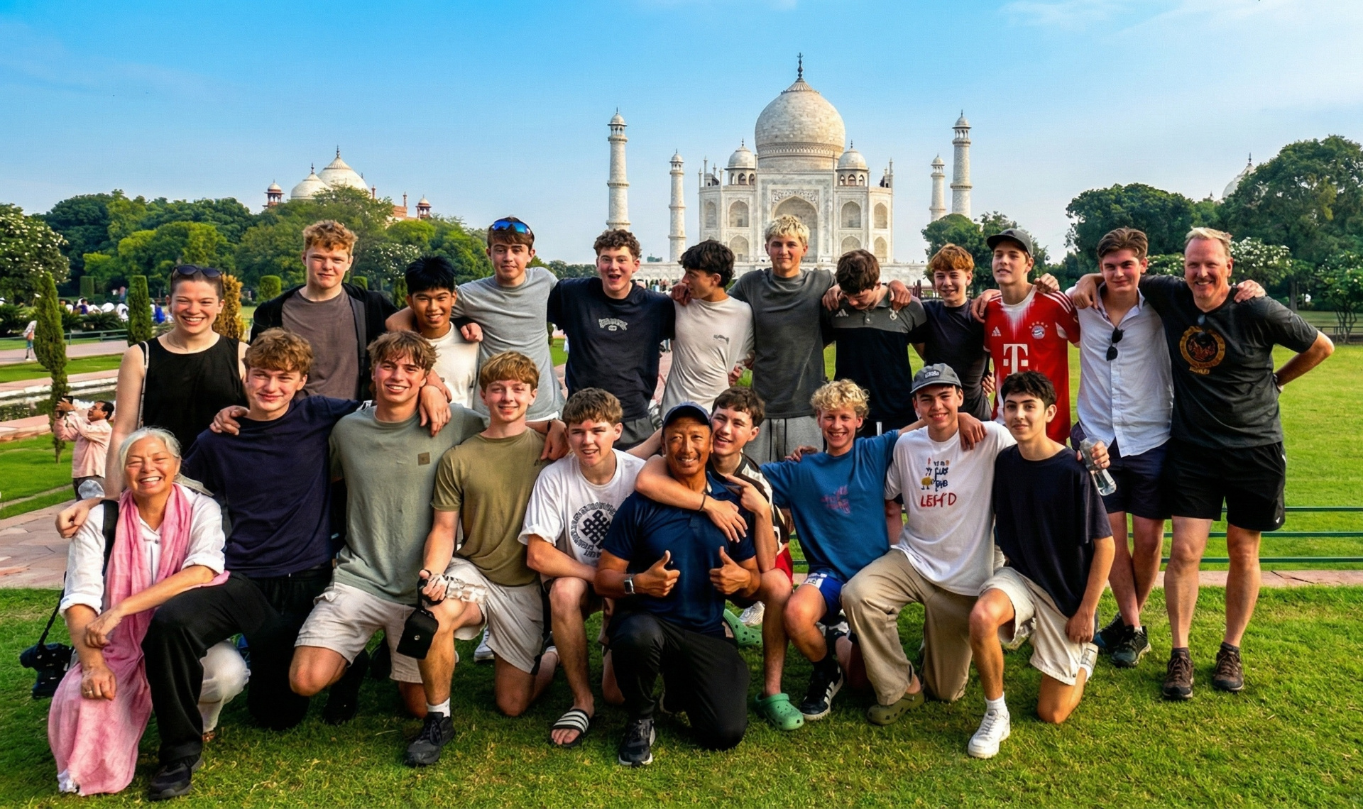 Student travel group in front of the Taj Mahal, India